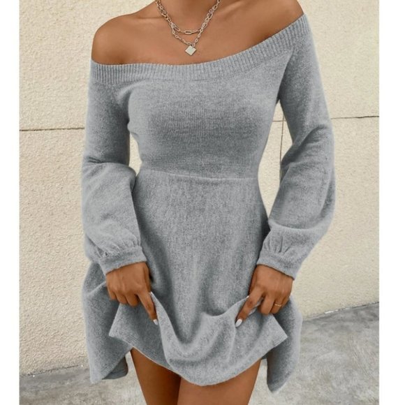 Minimalist Off Shoulder Lantern Long Sleeve Sweater Mini Dress Gray - Picture 4 of 6